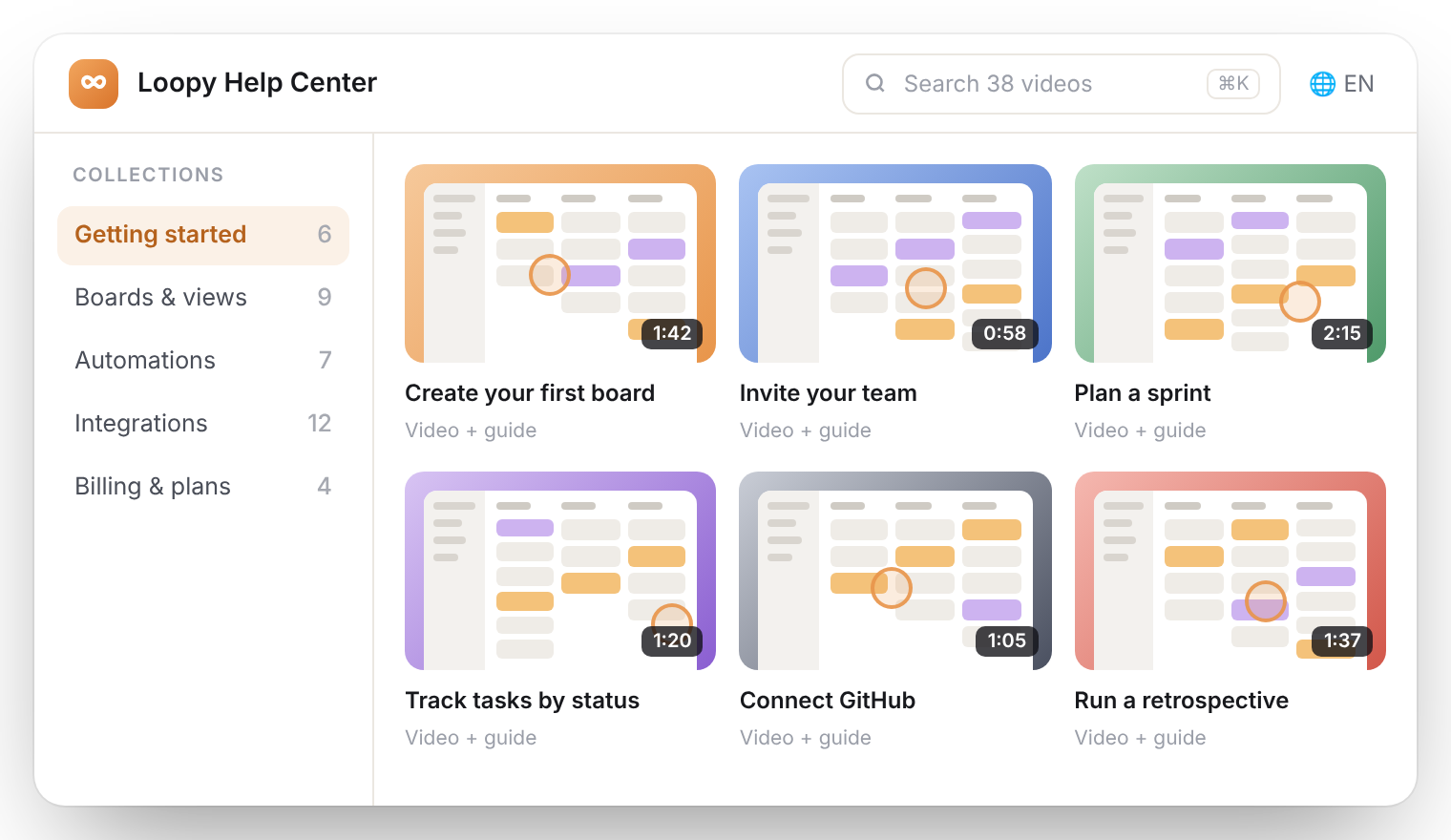 A branded help center with video collections, search and language switcher
